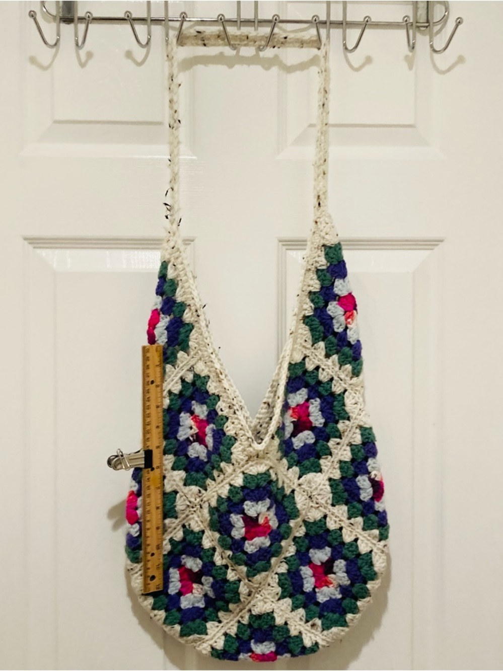 Handmade Crochet Granny Square Boho Shoulder Bag in Cream, Green & Blue - Picture 2 of 8
